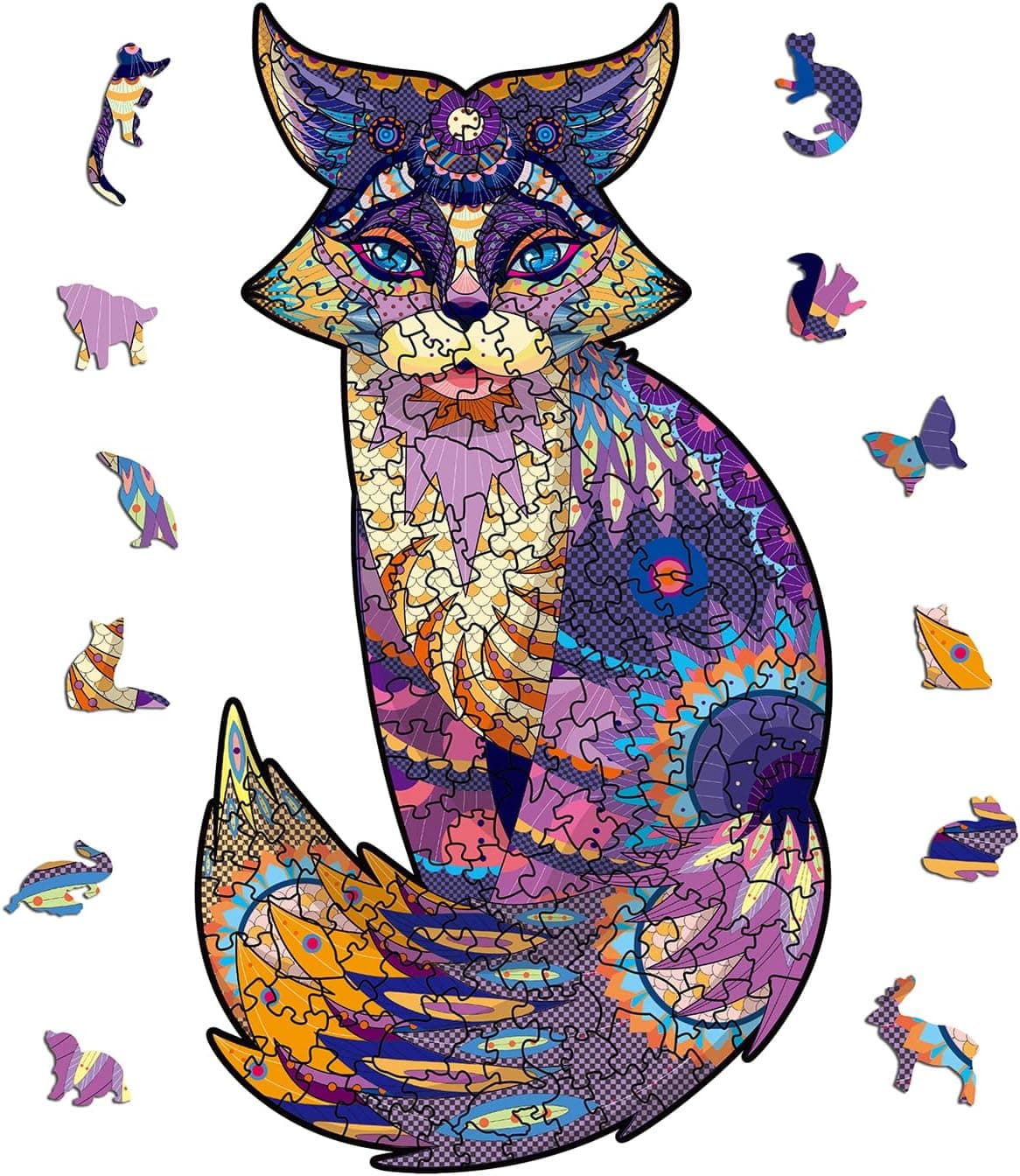 NKTDWO 200 Pcs Wooden Puzzle, Colorful Animal Shaped Charming Fox Puzzles for Adults and Kids, 13.78x7.48in Jigsaw Puzzles for Family Game Gift for Birthday Thanksgiving Chrismas (Medium, Purple Fox)
