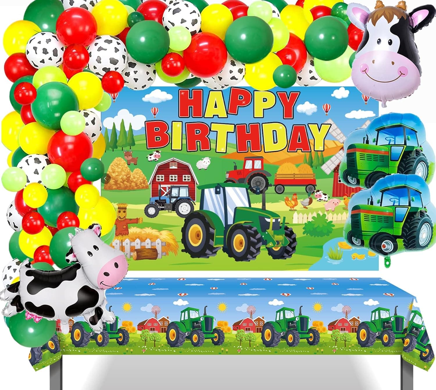 Farm Green Tractor Birthday Party Decoration, Farm Tractor Party Supplies Include HAPPY BIRTHDAY Tractor Backdrop, Farm Green Tractor Tablecloth, Farm Barn Tractor Balloon Garland Arch for Kid Boy