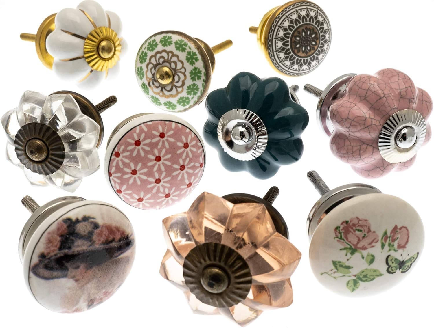Mixed Set of Shabby Chic Vintage Style Ceramic Cupboard Knobs 1.5" x Pack 10 (MG-260) - 'Mango Tree' TM Registered Product