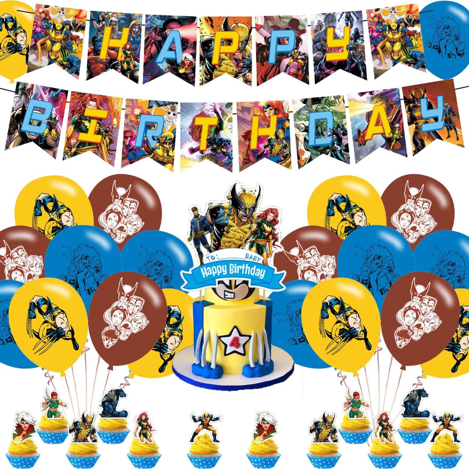 X-MEN Theme Birthday Party Decorations, X-MEN Party Supply Set for Kids with 1 Happy Birthday Banner , 12 Cupcake Toppers ,18 Balloons for Wolverine Party Decorations