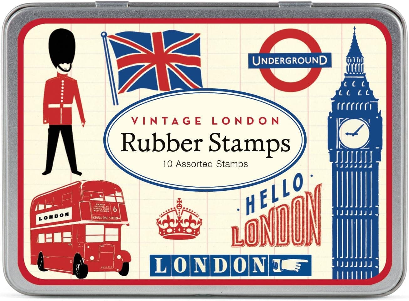 Cavallini Papers Co. 10 Vintage London Assorted Wooden Rubber Stamps Packaged in a Tin