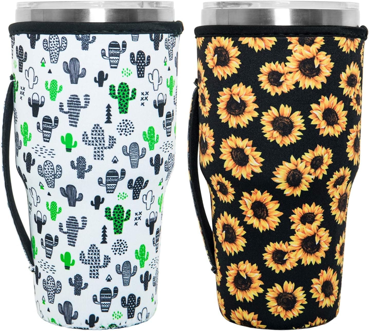 HaiMay 2 Pieces Reusable Iced Coffee Cup Sleeve Neoprene Insulated Sleeves Cup Cover Holder Tumbler Cup Drinks Sleeve Holder Idea for 30oz-32oz Cold Hot Beverages, Sunflower and Cuctus Style