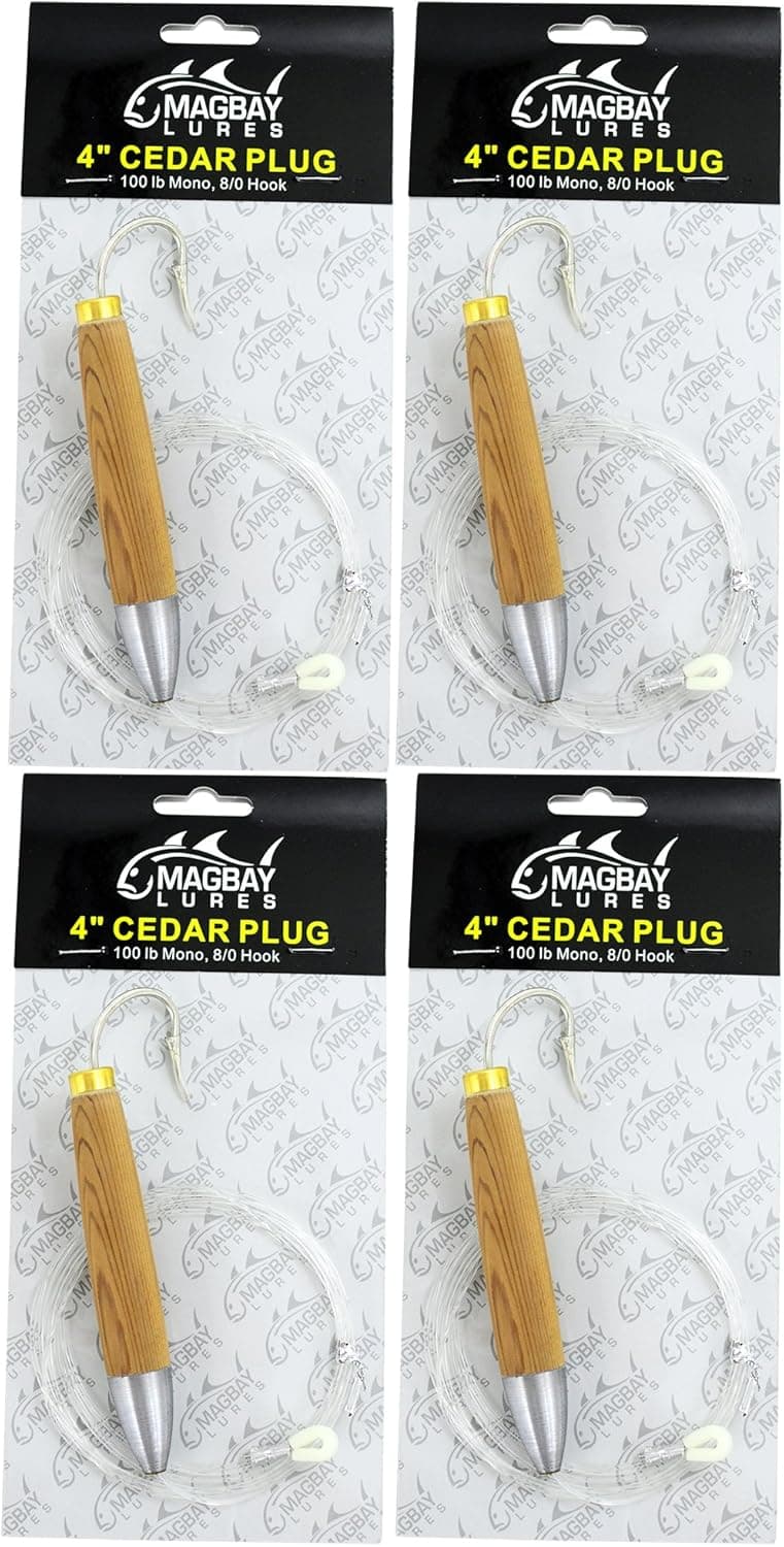 MagBay Lures 4" Custom Cedar Plugs Rigged and Ready Tuna Plugs - 4 Pack
