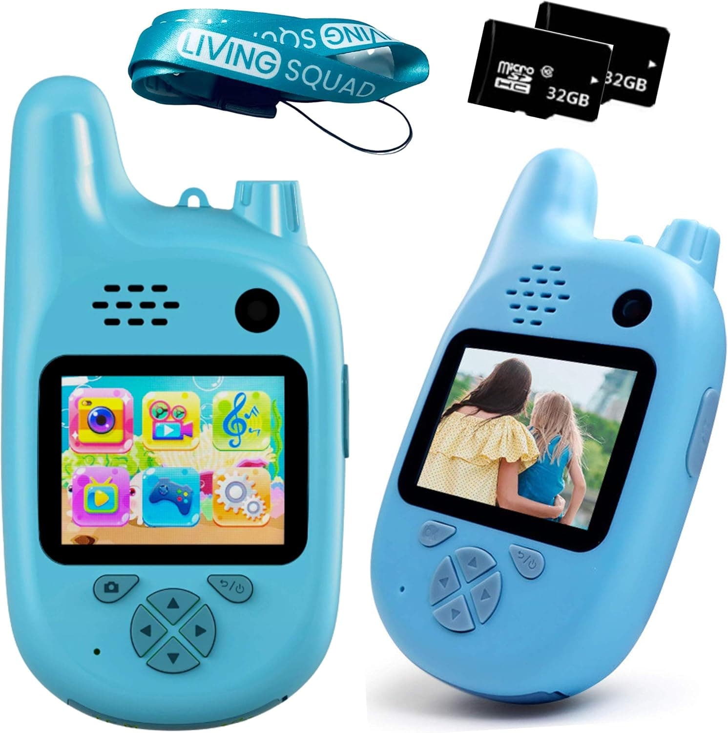 Kids Digital Camera with Walkie Talkies Function- Set of Two Blue- Rechargeable Battery and 32 GB Micro SD - Kids Camping Toys for Outdoor Radio - Short Range - with MP3 Player, Video Recorder, Games
