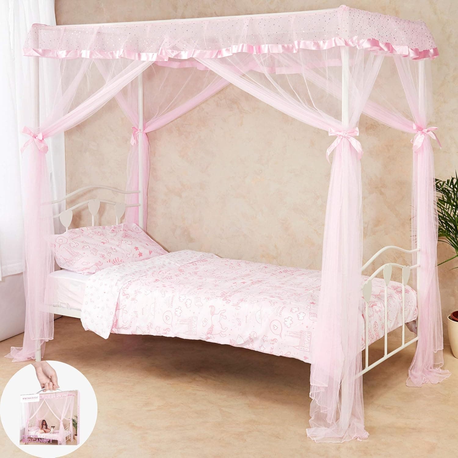 Wremedies for easier living Princess Bed Canopy for Girls Mosquito Netting Bed Easy Installation Bedroom Accessory Hanging Curtain Birthday Gift Single Bed Tent Pink + White (Pink)