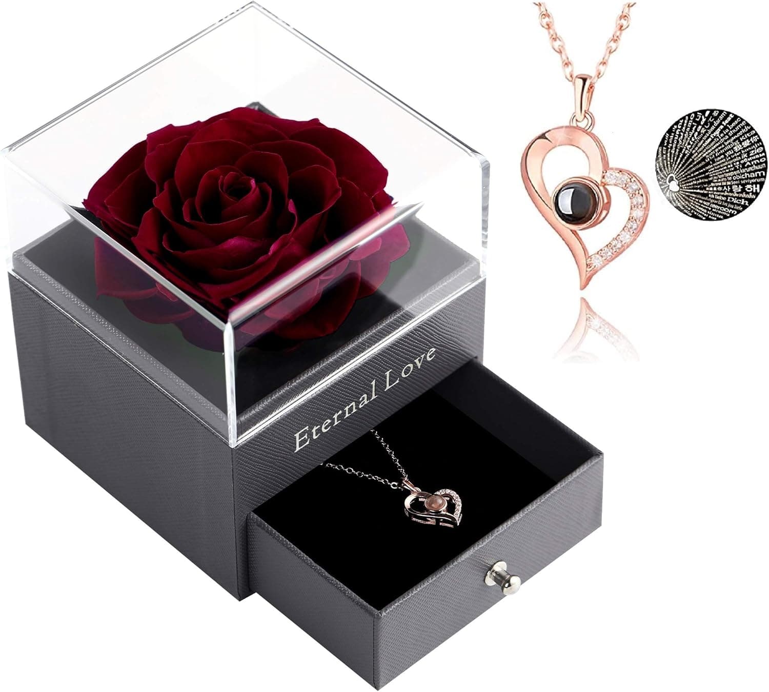 Preserved Wine Red Rose Drawer with Special Heart Necklace, Handmade Fresh Rose Gift for Her on Birthday,Christmas,Mother's Day,Valentine's Day (Wine Red Rose)