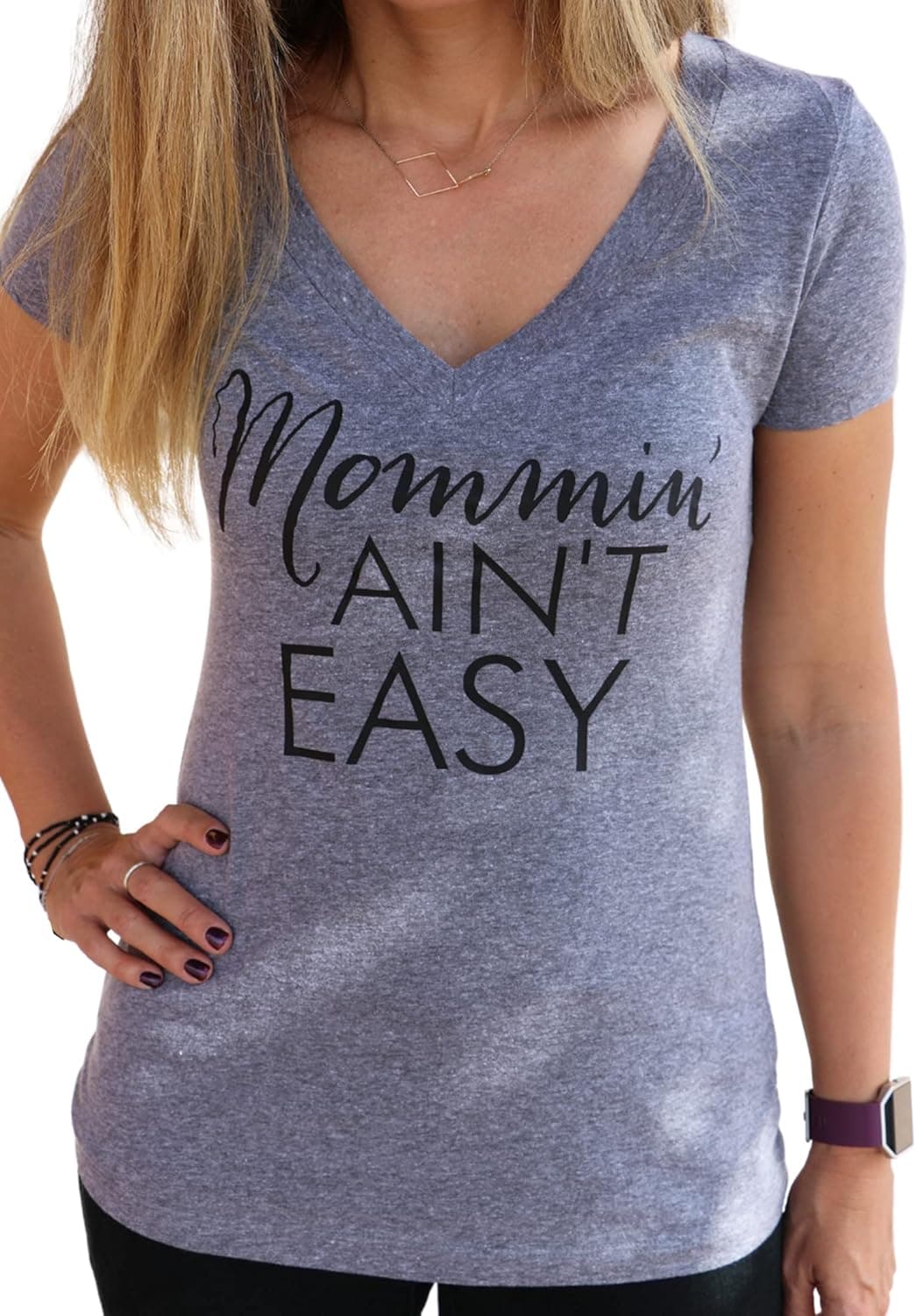 Mommin Ain't Easy Gray Soft Tri-Blend Women's V Neck Shirt (Medium)