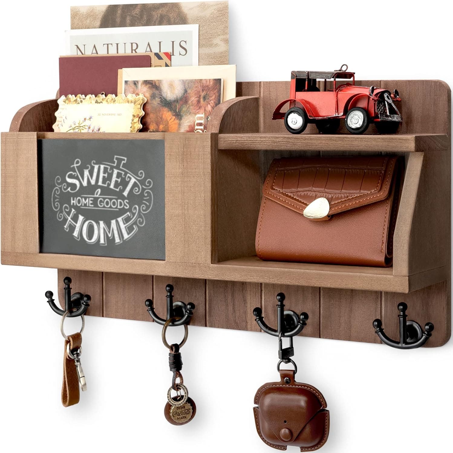 Rebee Vision Farmhouse Key and Mail Holder for Wall with Shelf : Decorative Mail Organizer with Removable Chalkboard and 4 Anchor Hooks - Rustic Home Decor for Enrtyway, Apartment(Retro Brown)
