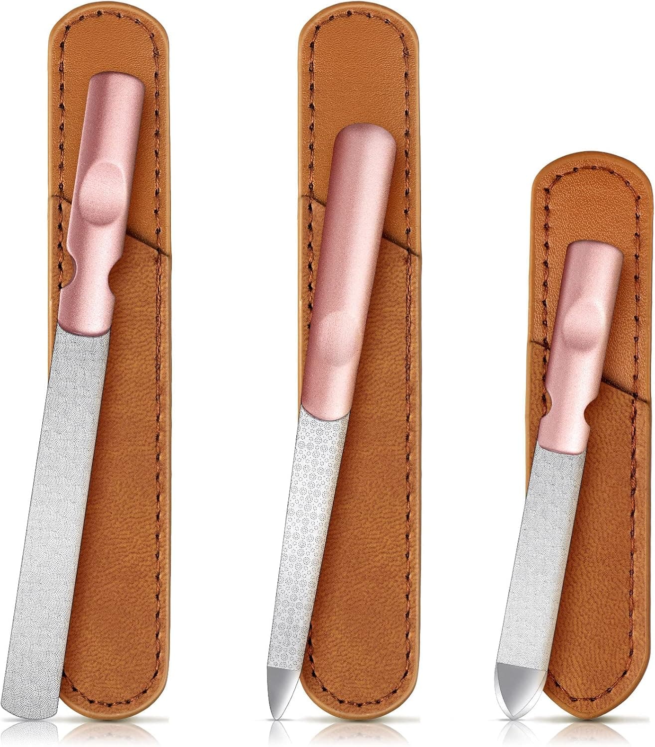 3 Pieces Stainless Steel Nail Files with Leather Case, Double Sided Metal Nail Files with Anti-Slip Handle, Metal Nail File Buffer Manicure Pedicure Tools for Fingernail Toenail (Rose Gold)