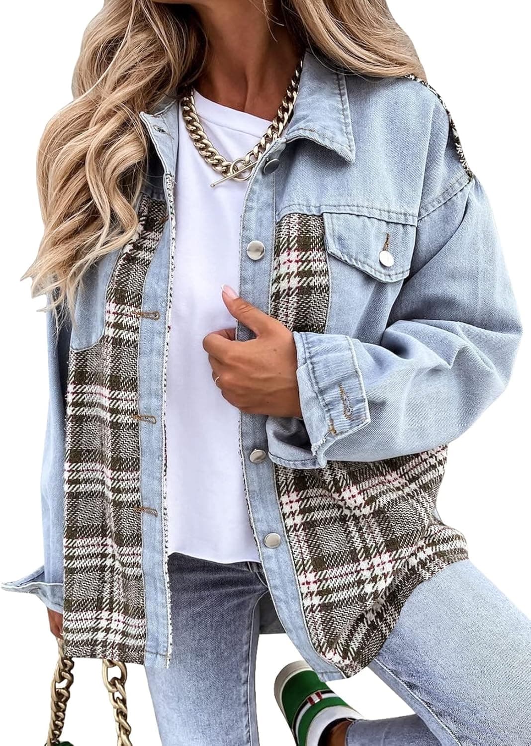 Astylish Women Jean Jacket Long Sleeve Button Down Plaid Oversized Denim Shacket Jackets