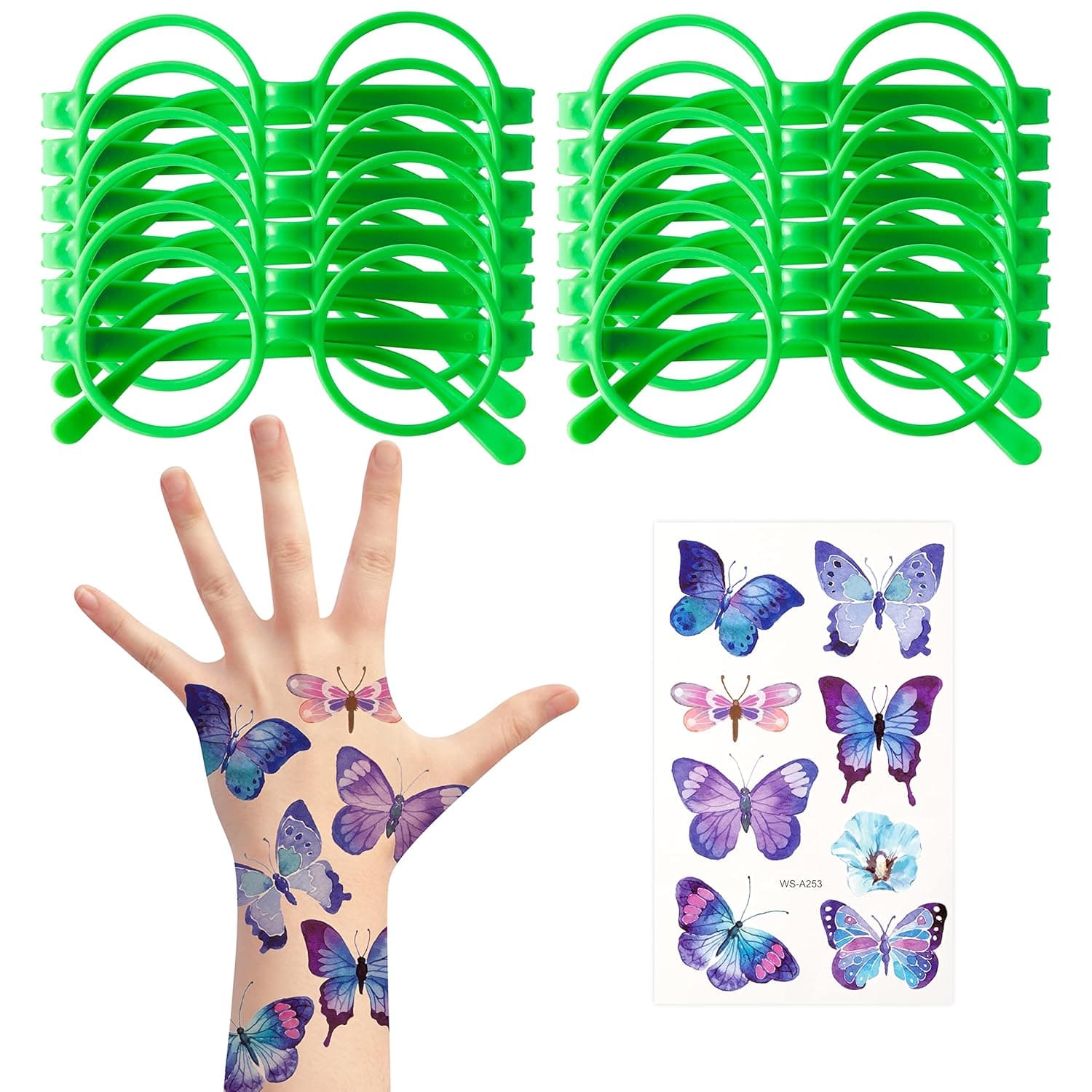 VERSRH 12pcs Wizard Round Glasses Frame No Lenses 12 Sheet Butterfly Temporary Tattoos for Kids Birthday Party, Wizard Plastic Glasses Cute Fake Body Tattoos for Boys Girls Costume Party Favor Supply