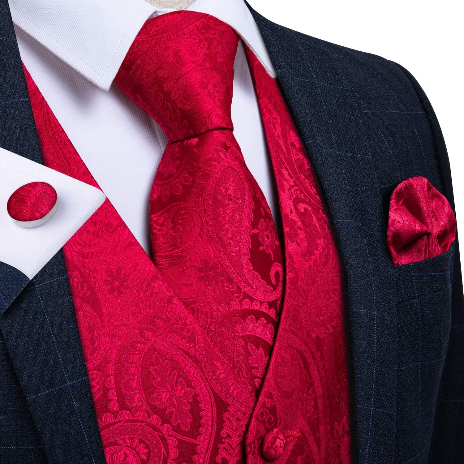 DiBanGu Men's Paisley Waistcoat and Necktie Pocket Square Cufflink Vest Suit Set for Tuxedo