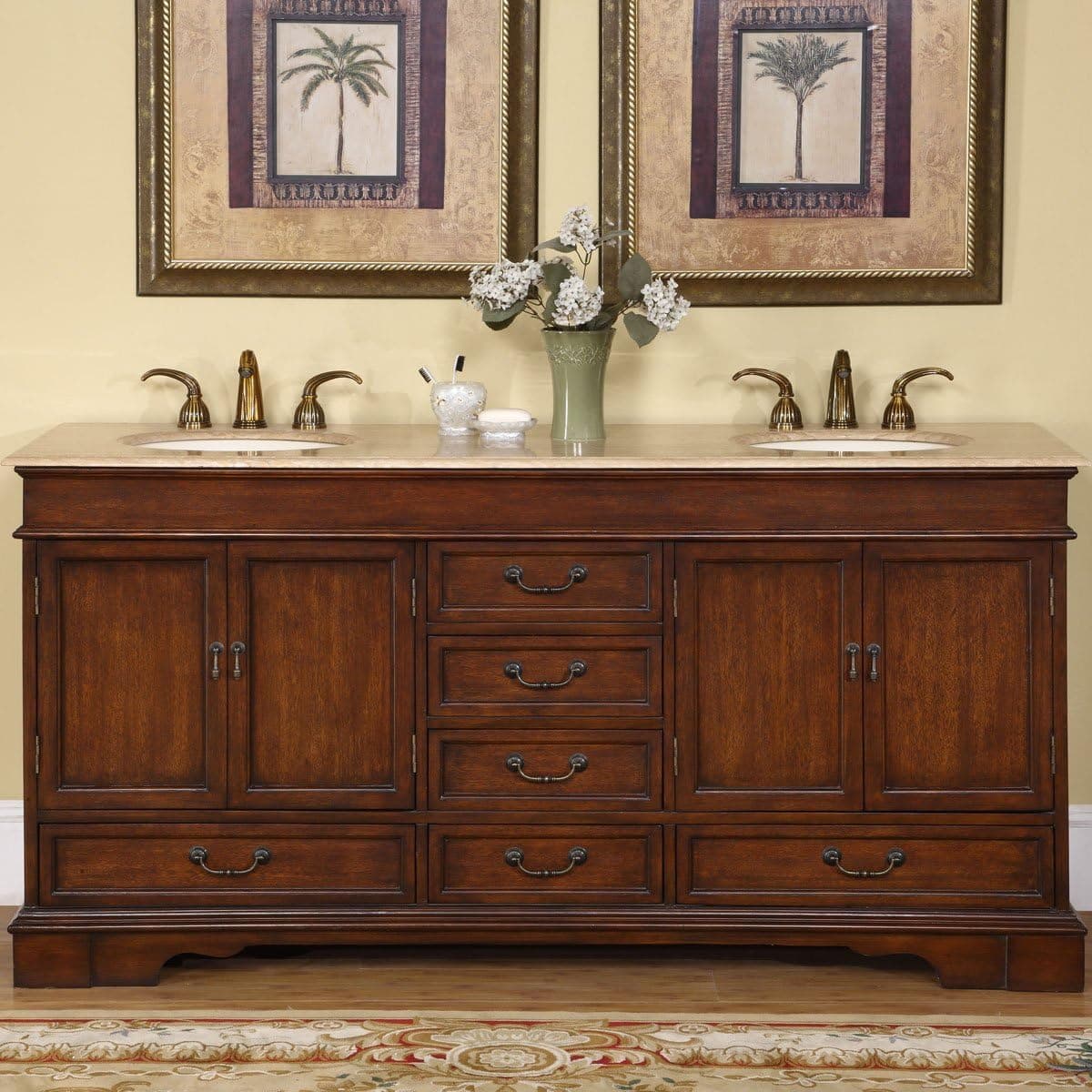 Silkroad Exclusive Travertine Stone Top Double Sink Bathroom Vanity with Cabinet, 72", Brown