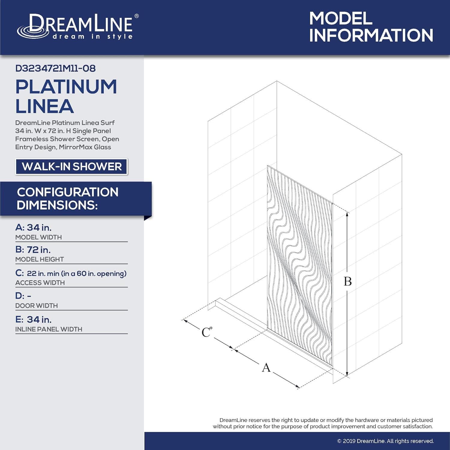 DreamLine Platinum Linea Surf 34 in. W x 72 in. H Single Panel Frameless Shower Screen in Polished Stainless Steel, D3234721M11-08