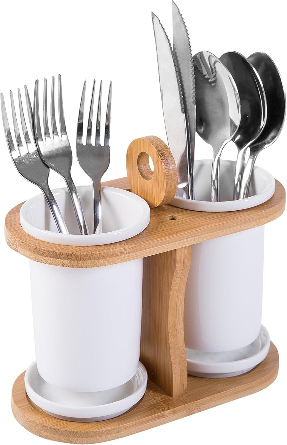 Removable Ceramic Utensil Holder with Oval Shape Bamboo Rack, Flatware Organizer, White