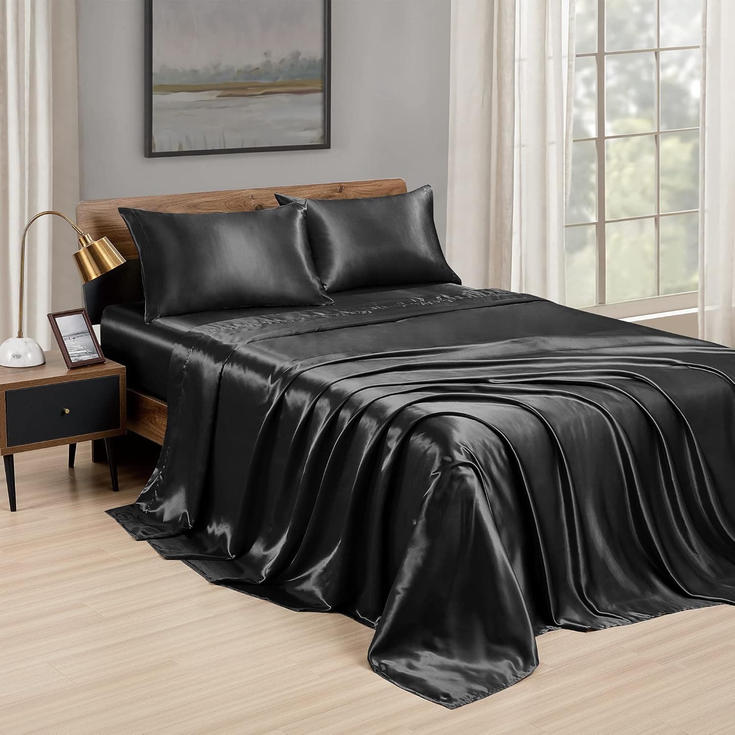 Love's cabin Full Size Satin Sheet Sets Black, Silky Satin Sheet Set Full with Deep Pocket, Luxury Silk Feel Satin Bed Sheets Full Bedding Set 4 Piece (1 Flat Sheet,1 Fitted Sheet,2 Pillow Cases)