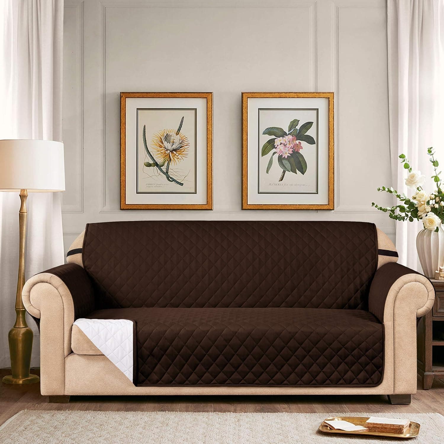 Subrtex Quilted Reversible Sofa Couch Slipcover Anti-Slip Furniture Protector Chair Covers for Pets and Kids with Elastic Straps (Loveseat, Chocolate)