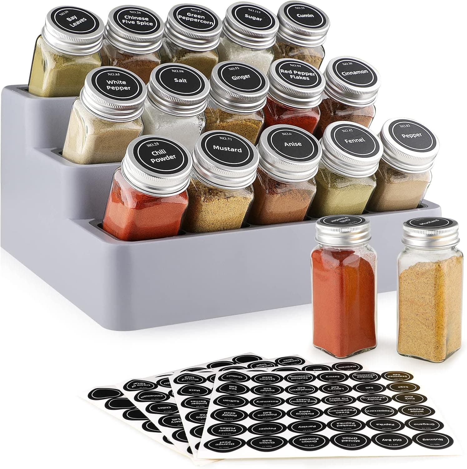 UKLMUS Spice Rack Organizer 3 Tier Shelf Seasoning Organizers and Storage Rack with 17 Spice Jars 144 Spice Labels, 3 Tier Spice Rack for Cabinet, Countertop, Pantry, Cupboard ( Grey)