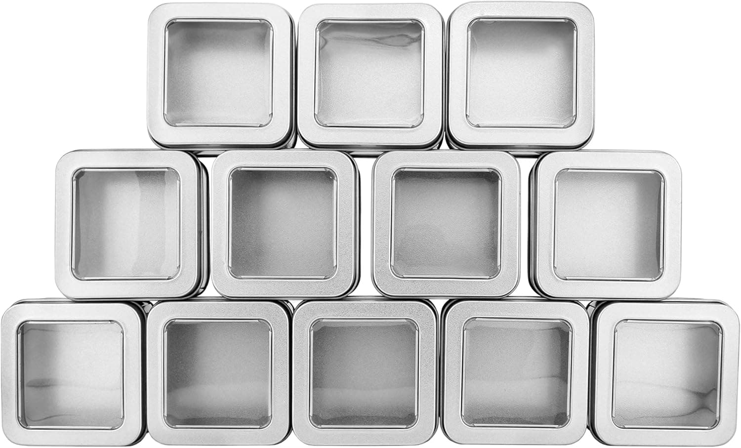 Cornucopia Square Silver Metal Tins w/View Window (12-Pack); Empty 1/2 Cup / 4-Ounce Capacity Clear Top Metal Boxes Great for Candles, Candies, Gifts, Balms & Treasures