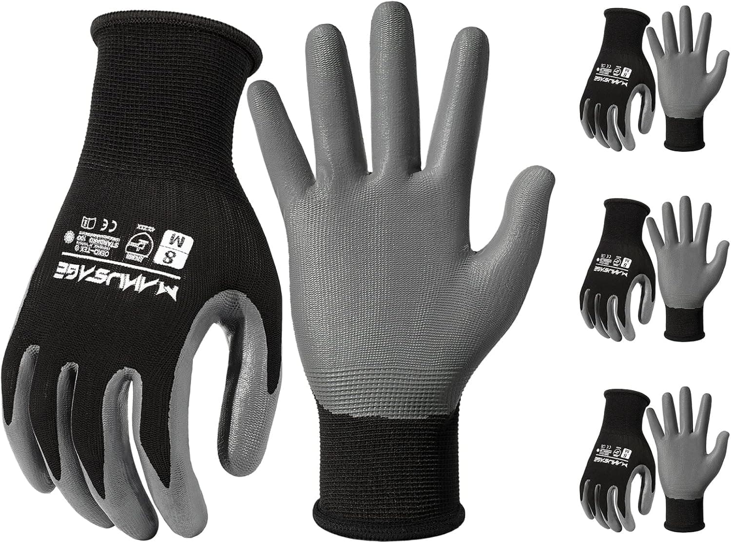 MANUSAGE Safety Work Gloves, Gardening Gloves, Foam Nitrile Palm Coated, Working Gloves (Size XL, Black, 3-pairs)