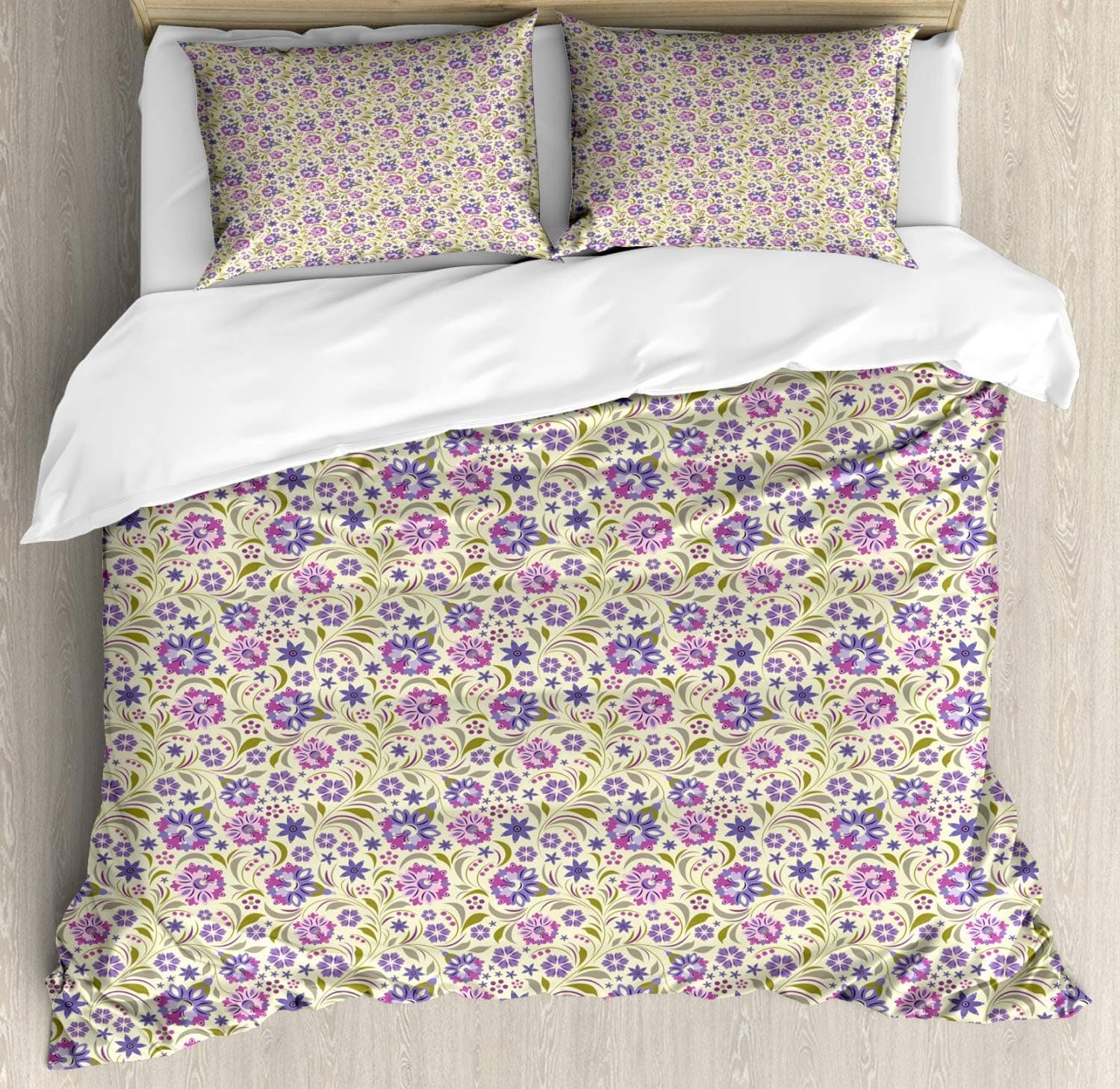 Ambesonne Garden Art Duvet Cover Set, Pale Toned Background with Spring Flowers with Swirled Leaves, Decorative 3 Piece Bedding Set with 2 Pillow Shams, Queen Size, Lavender Green