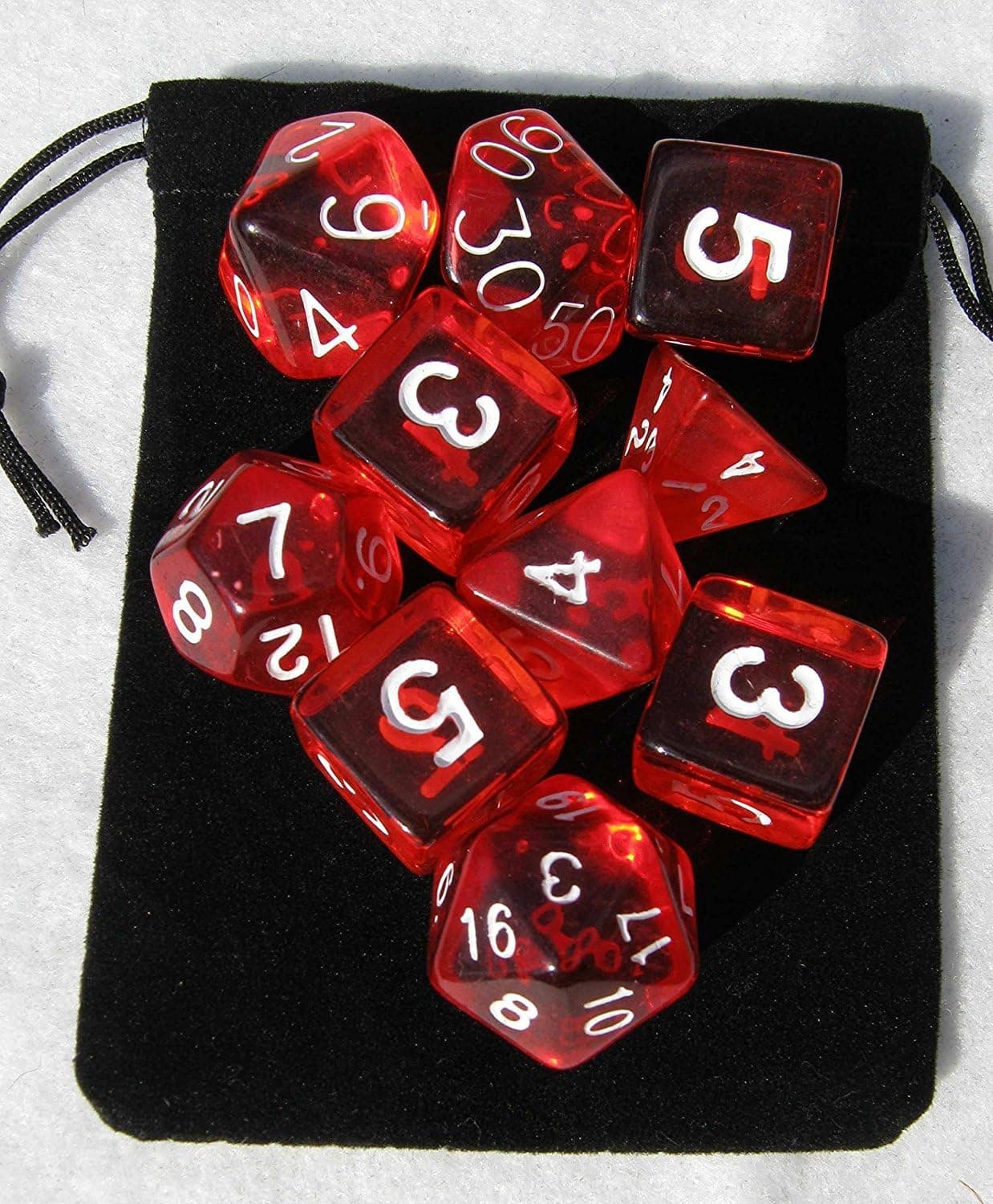Translucent Red RPG D&D Dice Set: 7 + 3d6 = 10 polyhedral die plus bag!
