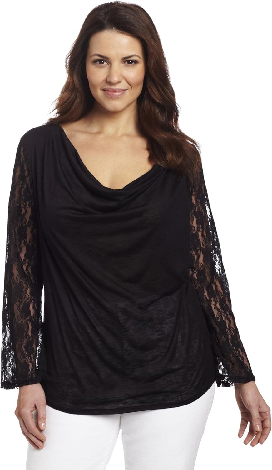 Star Vixen Women's Plus-Size Long Sleeve Lace And Slub Cowl Top
