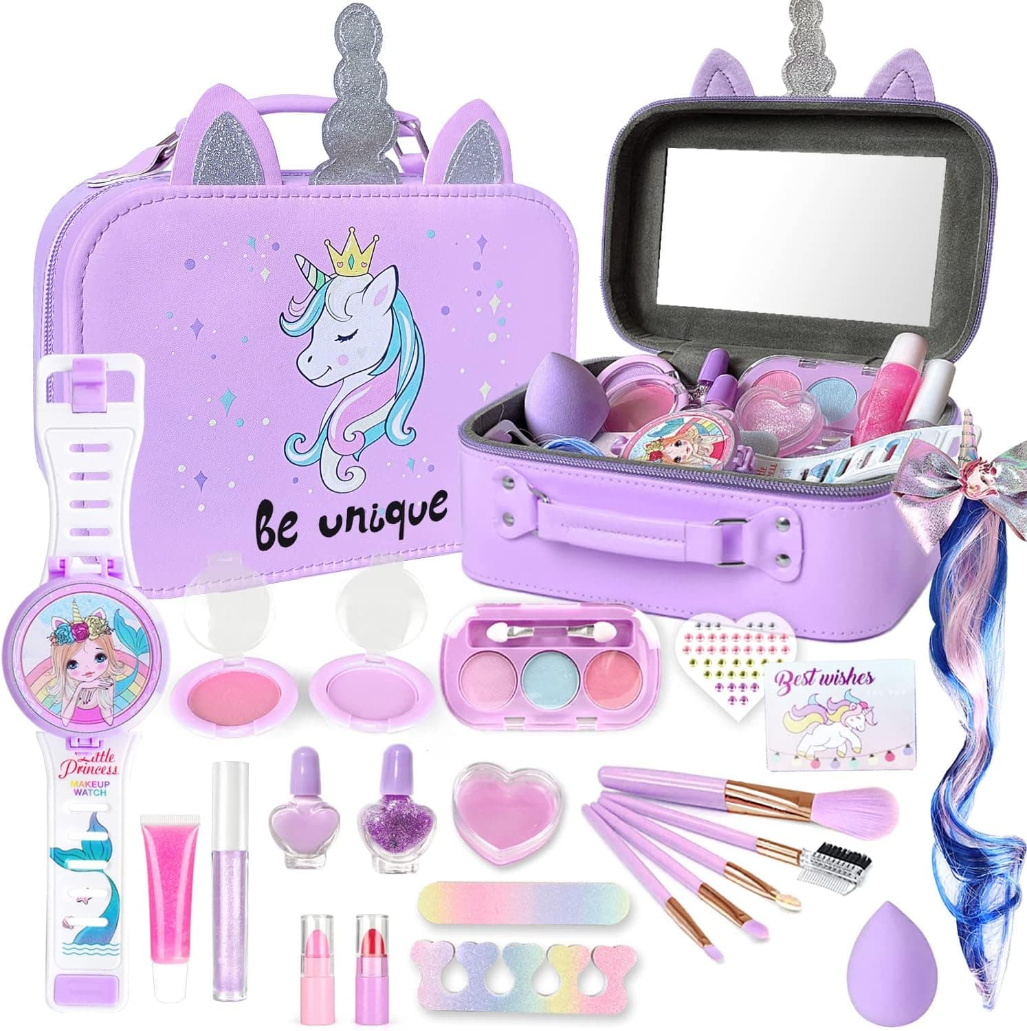 DHOZA Kids Makeup Kit for Girl with Makeup Bag - Real, Non Toxic, Washable Make Up Toy - Christmas, Birthday Gifts for Little Princess Pretend Play Makeup Vanity for Toddlers Ages 4 5 6 7 8 9 10 11 12