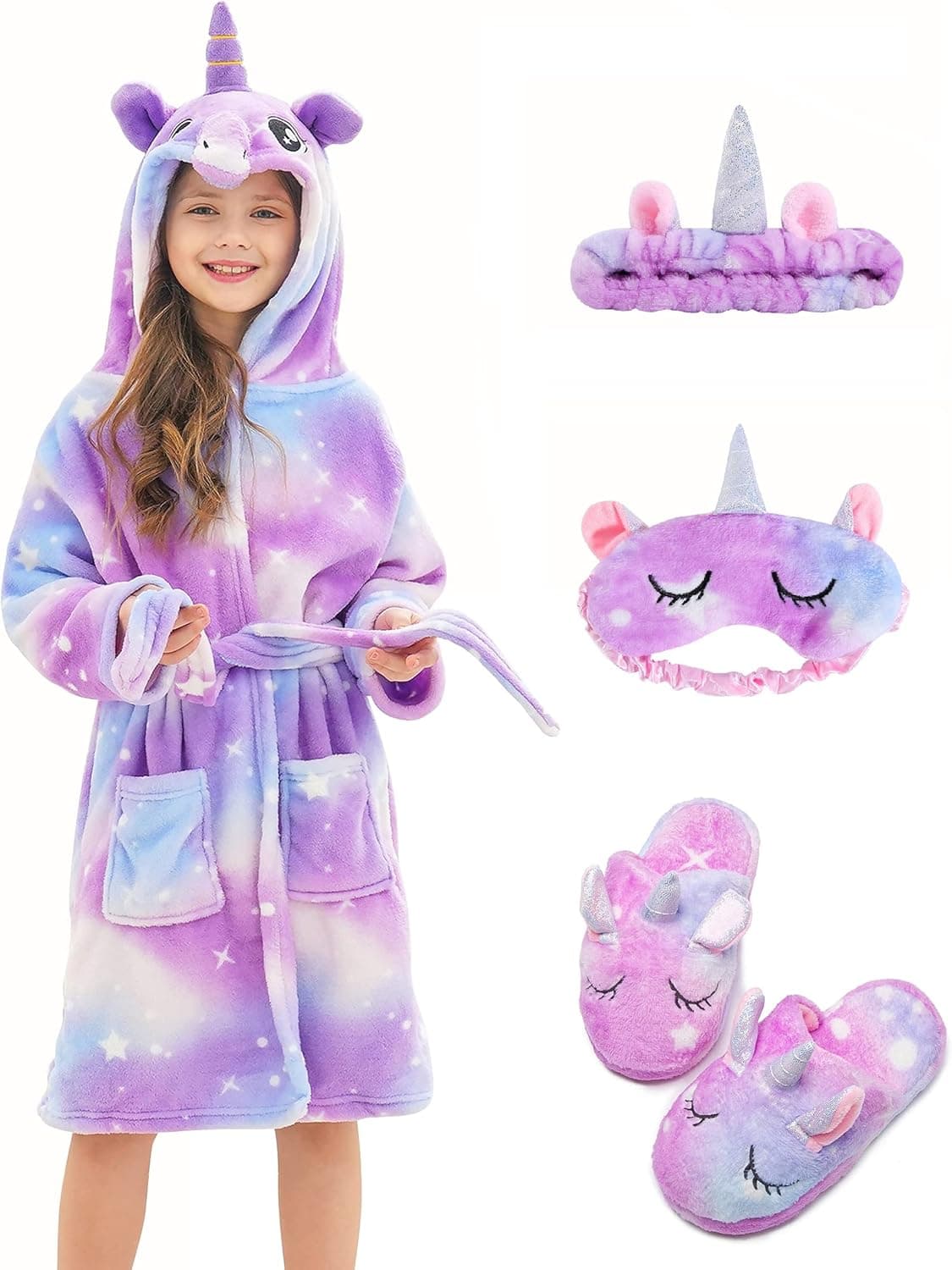 CHETOSHO Soft Unicorn Hooded Robe with Matching Slippers Headband and Blindfold for Girls