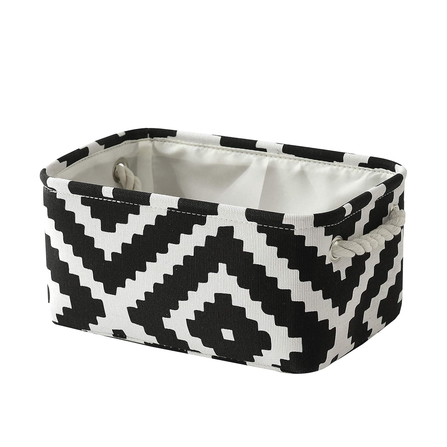 Small Storage Basket Shelf Basket Fabric Collapsible Organizer Bin Basket Storage Empty Gift Basket with Rope Handles Fabric Bin for Linens, Towels, Toys, Clothes (Black Squares,11.8L×7.9W×5.2H inch)