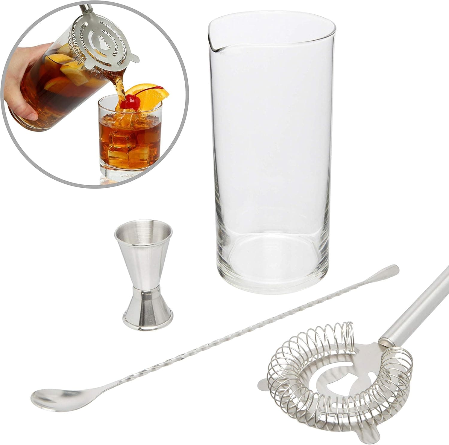 Taylor'd Milestones Cocktail Mixing Glass Set. Includes Heavy Bottom Mixer Glass Made in the USA, Stainless Steel Bar Spoon, Double Jigger & Cocktail Strainer. Premium Bar Accessories for Drink Mixing