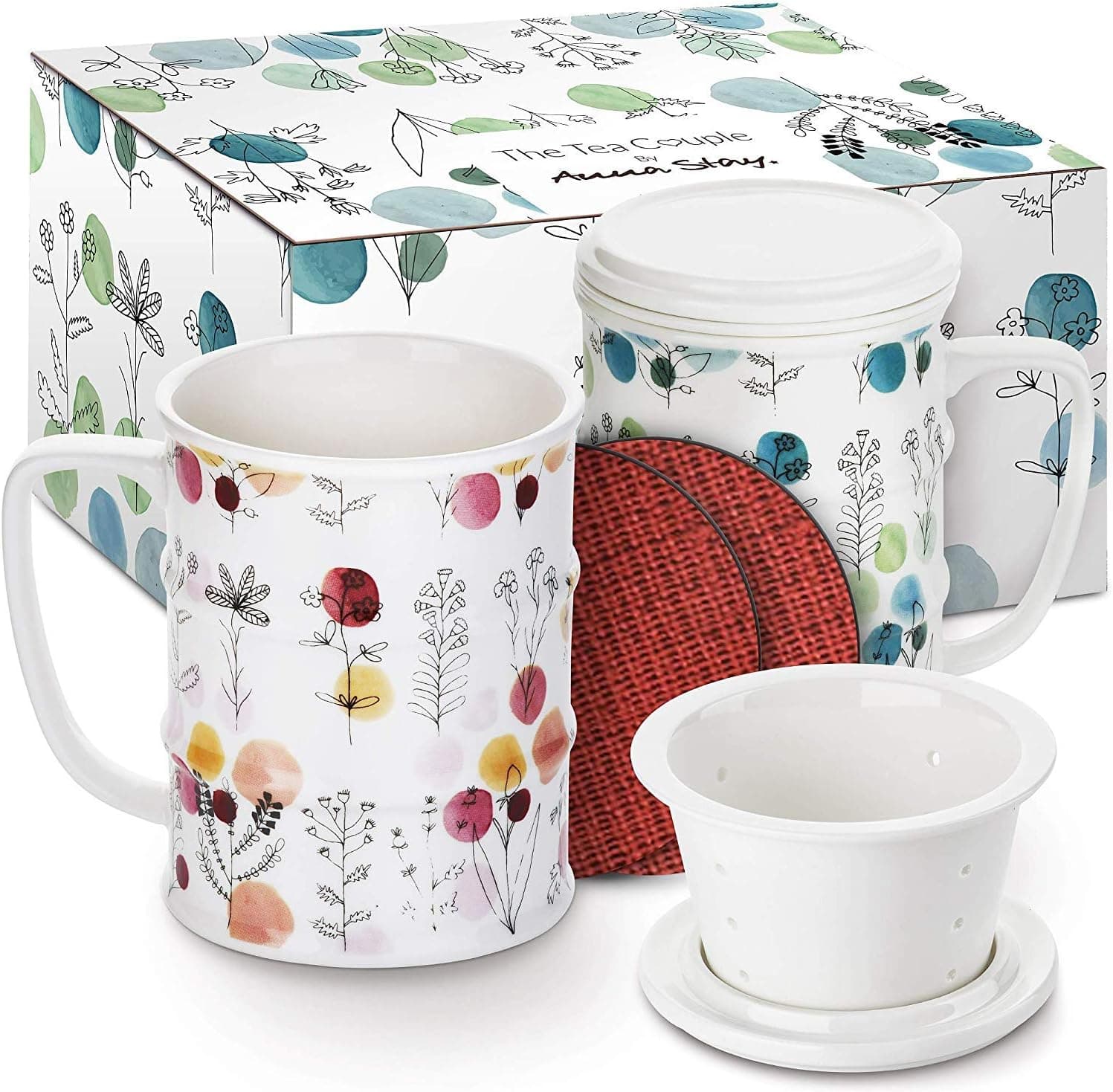 Anna Stay Tea Mugs with Infuser and Lid - Tea Cups with Strainer for Loose Leaf Tea, Our Tea Mug set of 2 makes a Beautiful Gifts For Tea Lovers, Porcelain Tea Cup With Infuser and Lid 14 oz.