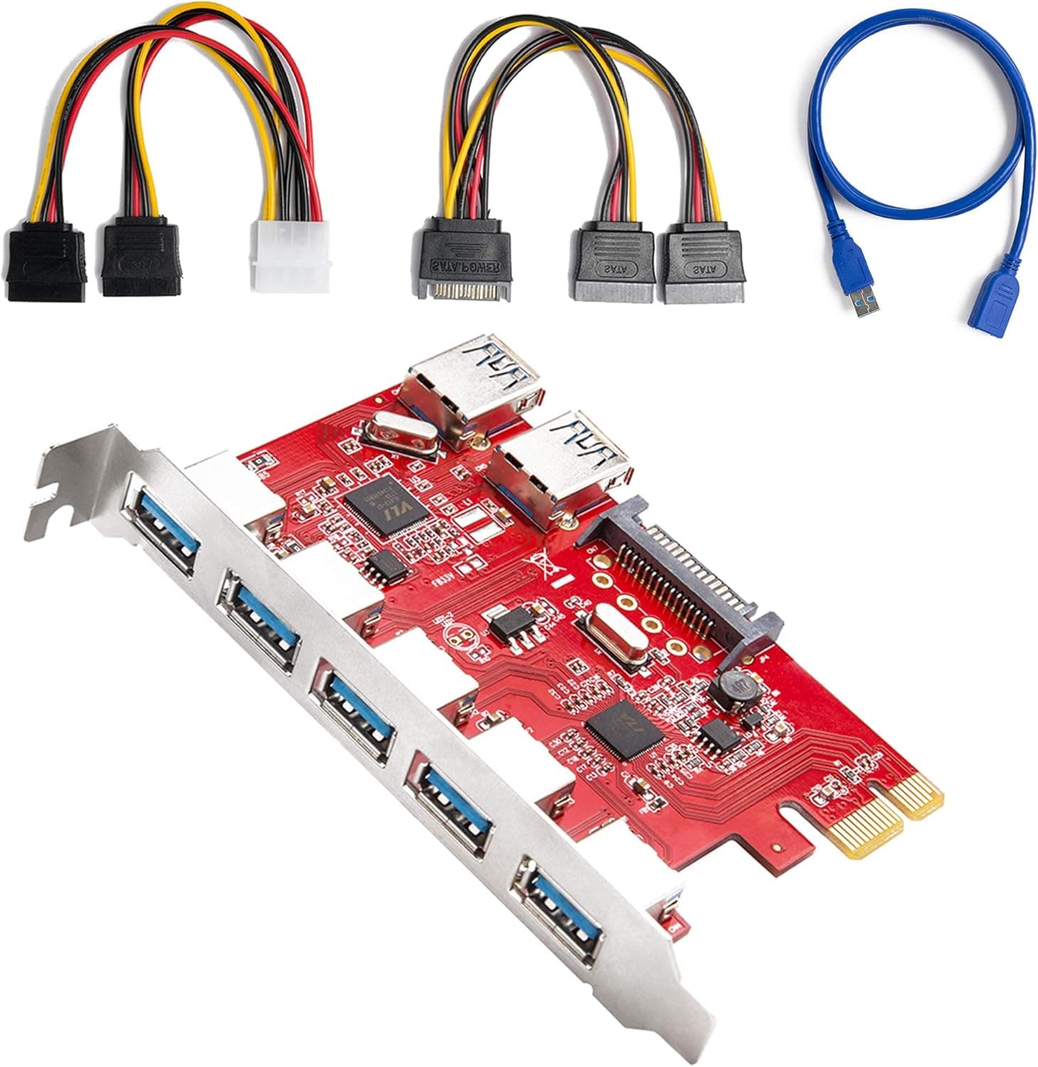 SHINESTAR PCIe USB 3.0 Card 7 Ports, 2 SATA Power Cables & 1 USB Extension Cable (3.28 Feet) Included, Fast Speed USB 3.0 PCI-e Expansion Card with 15 pin SATA Connector for PC Desktop