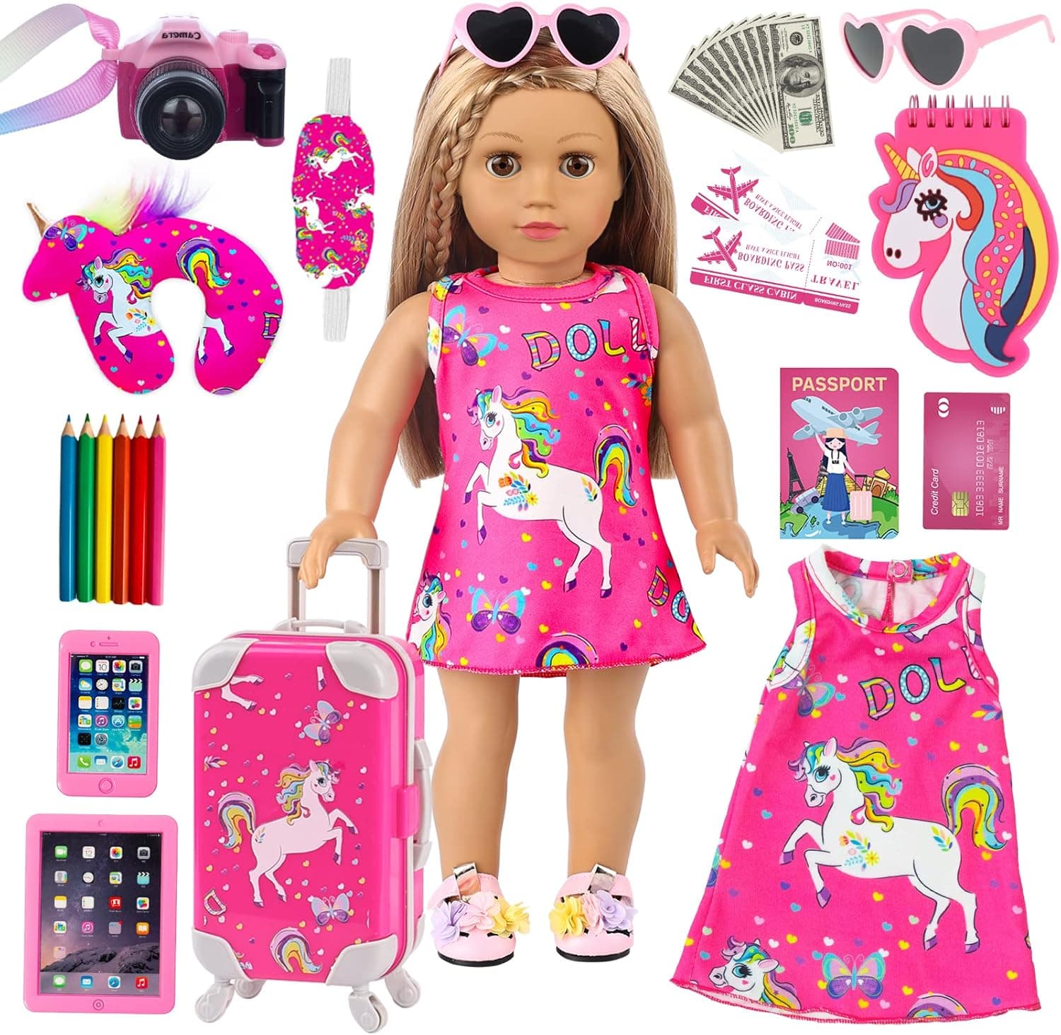 ZQDOLL 18 Inch Doll Clothes and Accessories Travel Luggage Play Set for 18 Inch Girl Doll, Including 18 Inch Doll Clothes Travel Suitcase Travel Pillow and Eye Mask