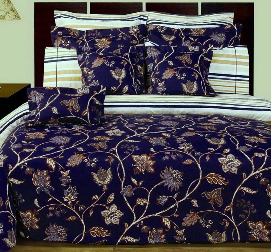 Duvet Cover and Comforter Set 400 Thread Count 100 Egyptian Cotton Luxury Reversible French Country Vintage Floral Flowers Leaves Pattern Bedding-with Fitted Sheet-12 Piece Queen Size (90x92)-Blue