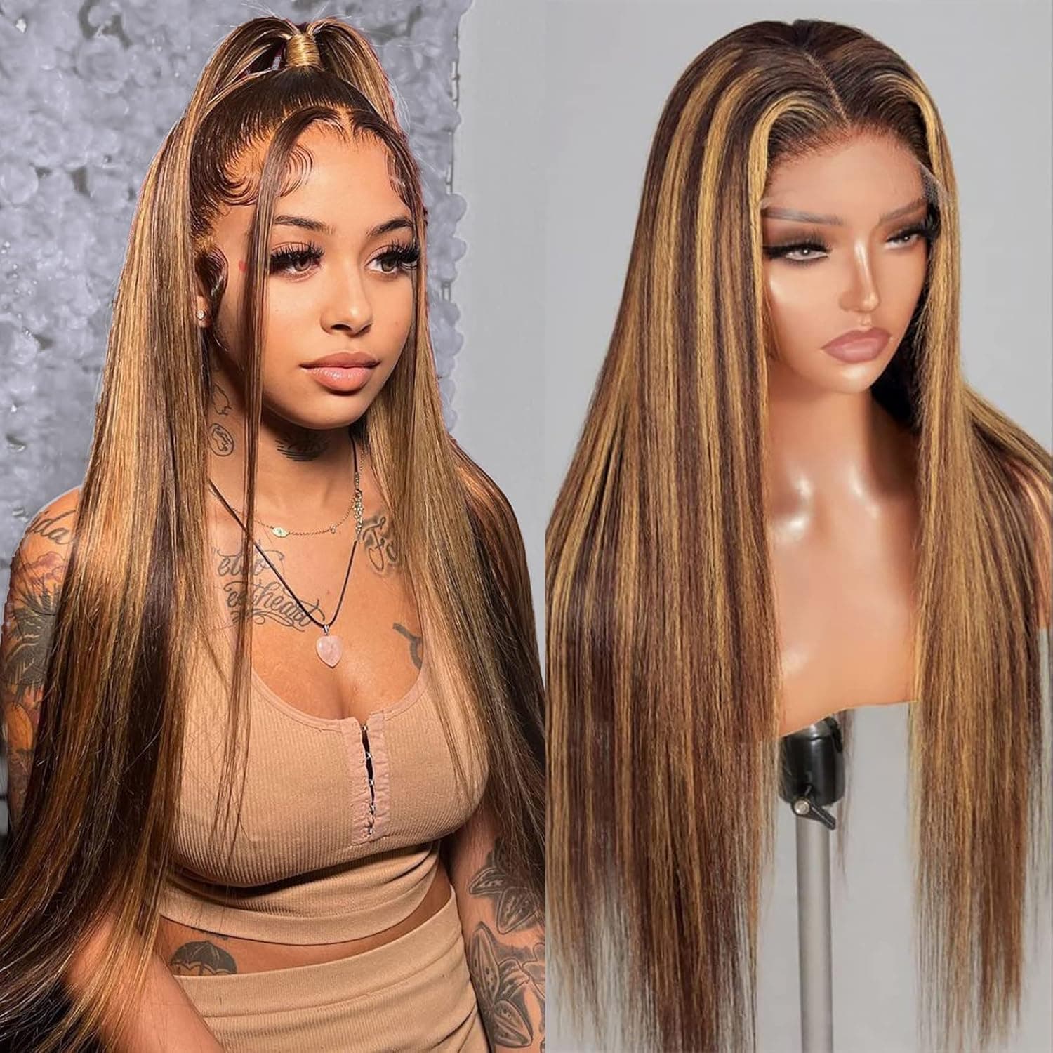 CLong Highlight Ombre Lace Front Wig Human Hair, 13x4 Straight 4/27 Honey Blonde HD Lace Front Wig Human Hair Pre Plucked 150% Density Colored Lace Front Wigs for Black Women 30Inch