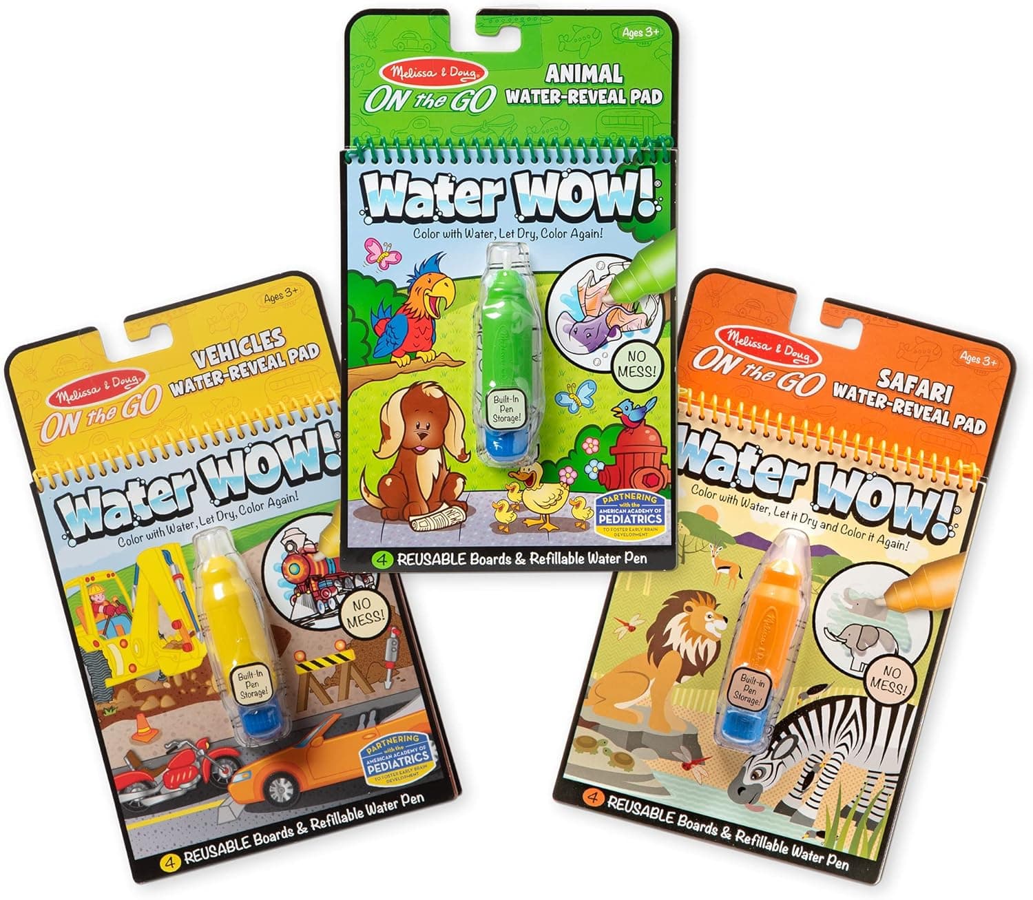 Melissa & Doug On the Go Water Wow! Reusable Water-Reveal Activity Pads, 3-pk, Vehicles, Animals, Safari