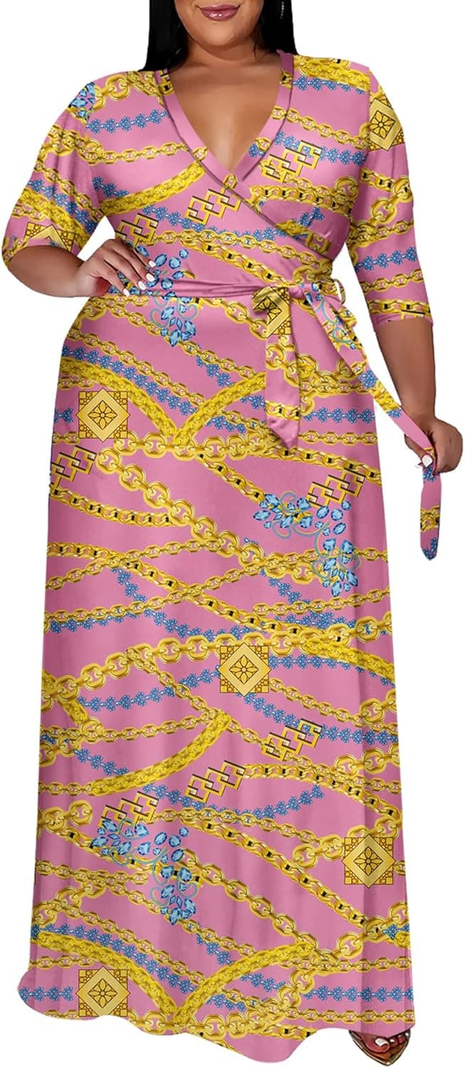 Runwind Plus Size Dresses for Women Floral Maxi Dress Flowy 3/4 Sleeve with Belt