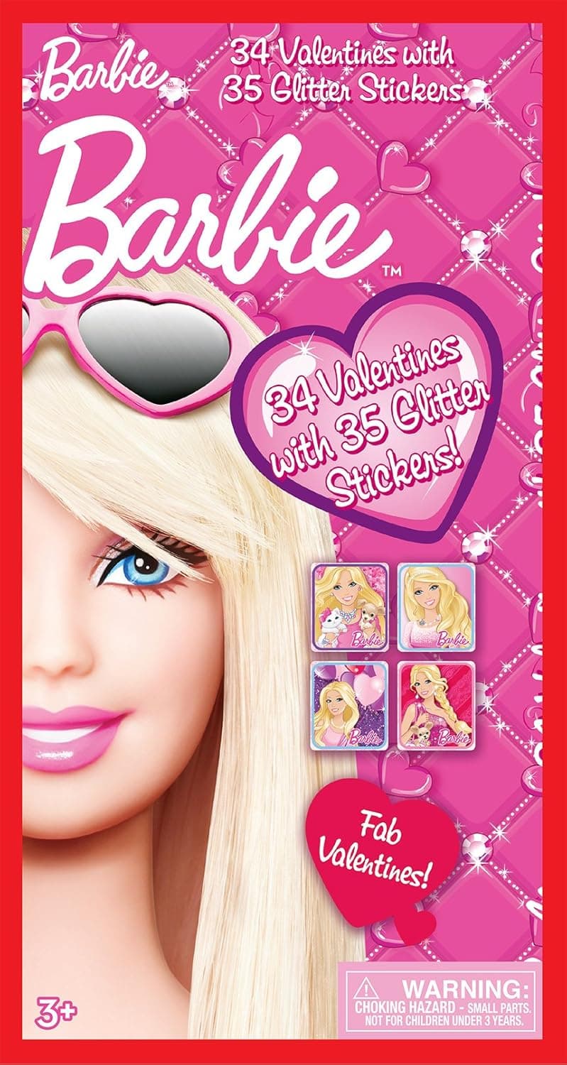 Paper Magic 34CT Deluxe - Glitter Stickers Barbie Kids Classroom Valentine Exchange Cards