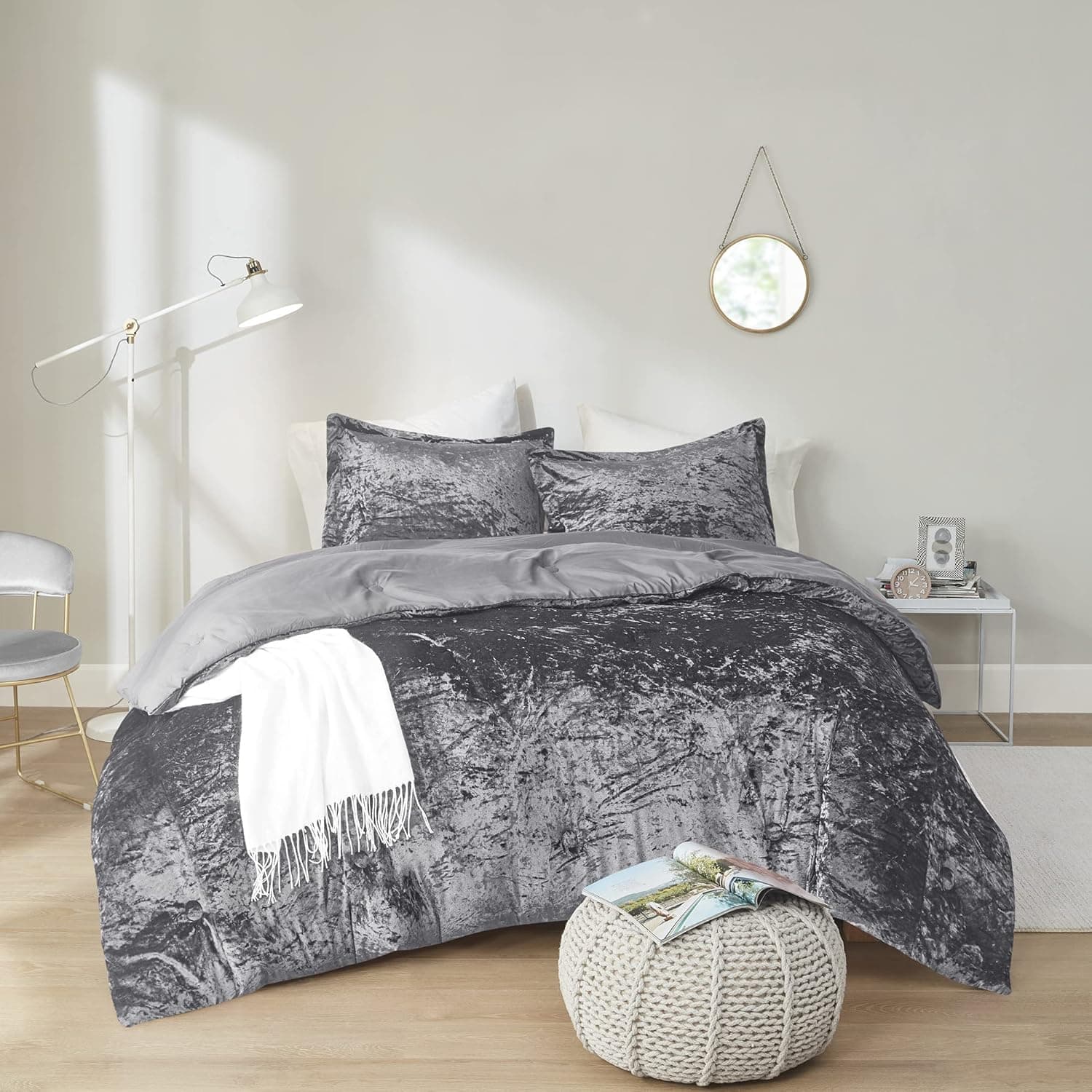 Comfort Spaces Juliette Luxe Comforter Set Velvet Lush with Soft Brushed Microfiber Reverse, All Season and Cozy Bedding, Matching Sham, Grey Twin/Twin XL 2 Piece