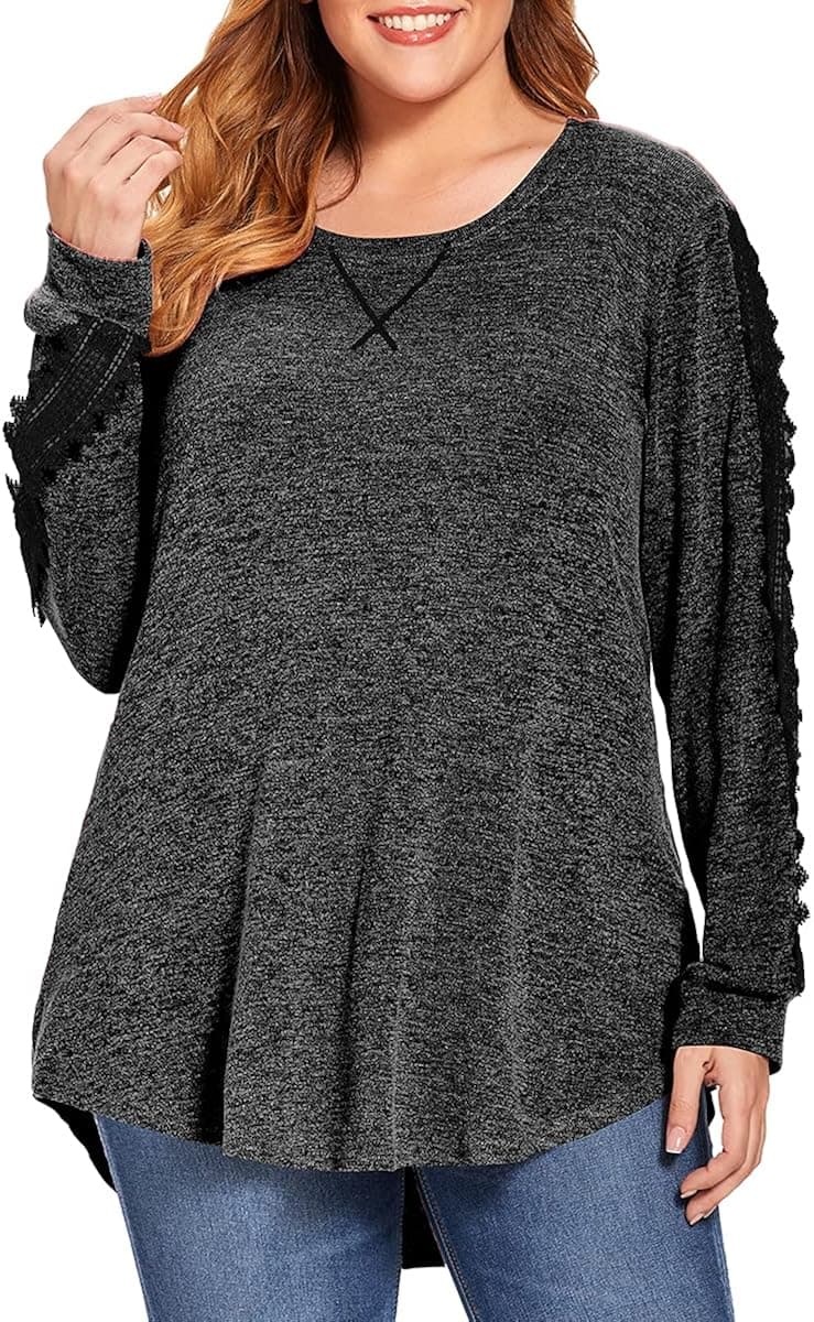 BELAROI Women Soft Casual Plus Size Blouses Long Sleeve Shirts Fashion Color Block Tunic Tops(2X,Heather Black)