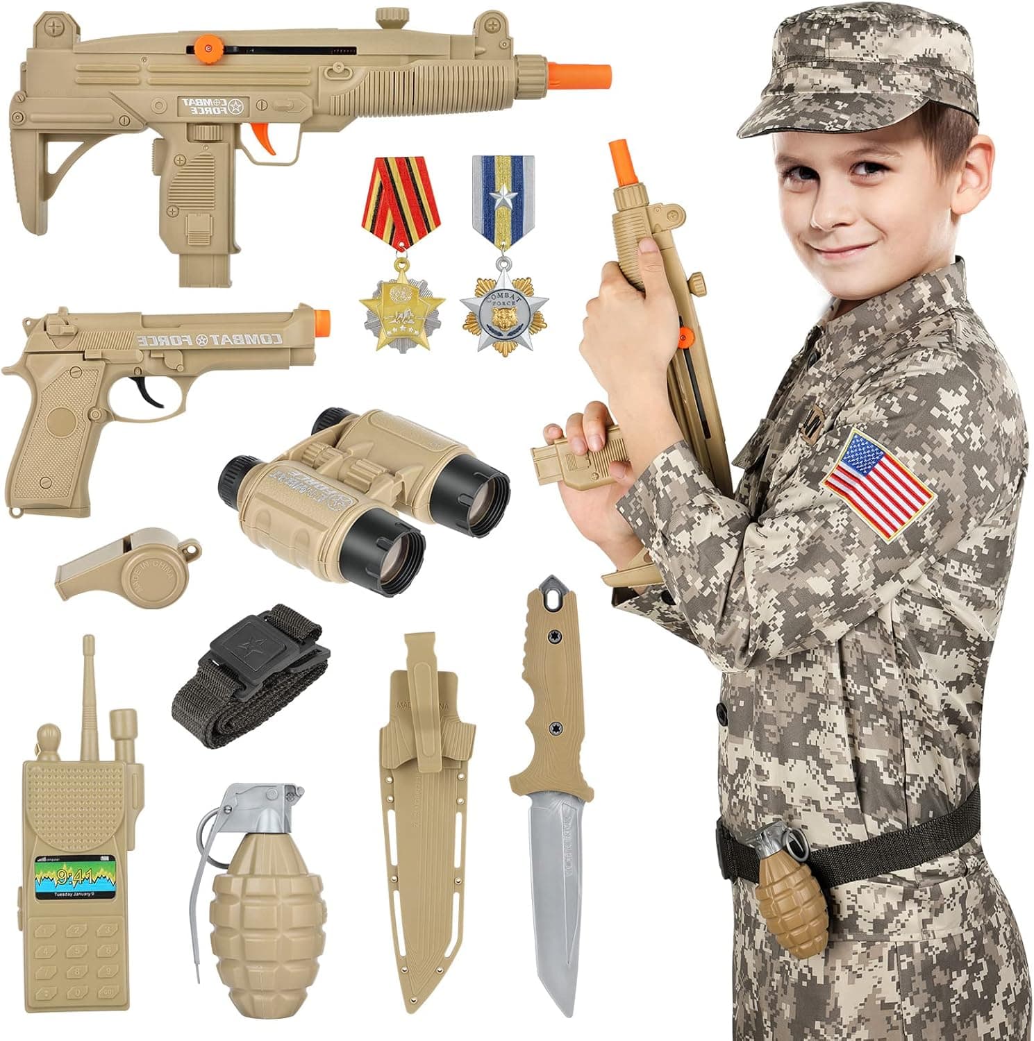 GIFTINBOX Army Costume for Kids, Soldier Dress Up Role Play Set, Deluxe Christmas Gift for Kids Boys Aged 3-10