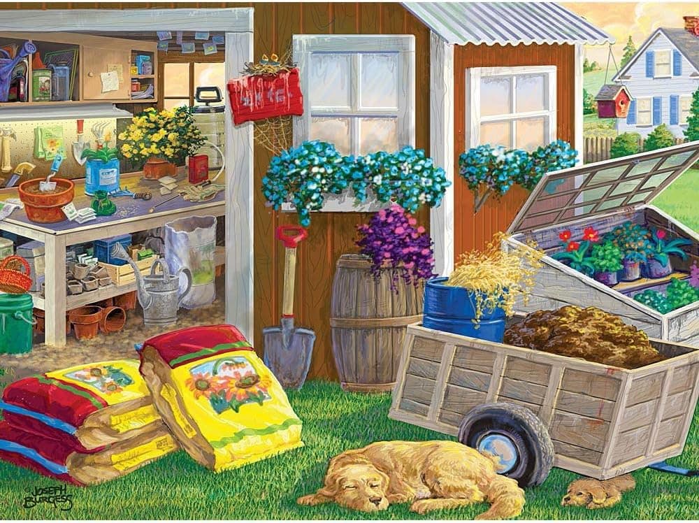 Bits and Pieces - 300 Large Piece Jigsaw Puzzle for Adults - Summer Planting Shed, Dog and Puppy - by Artist Joseph Burgess - 300 pc Jigsaw