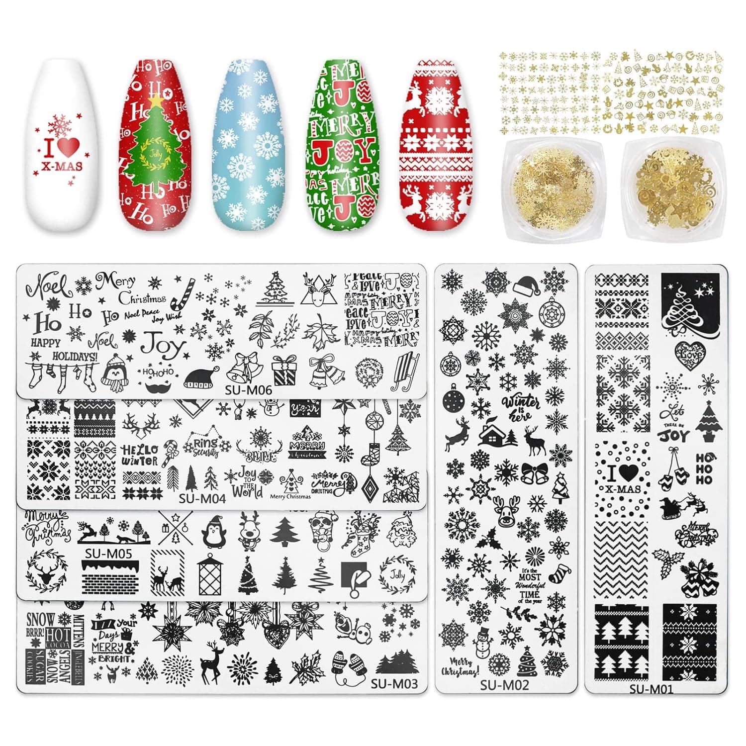 Whaline 6Pcs Christmas Nail Art Plates 2 Box Nail Art Glitters Decoration Snowflake Nail Art Stamper Garland Gold Metal Nail Sequins for Christmas DIY Print Manicure Salon Design Xmas Nail Decoration