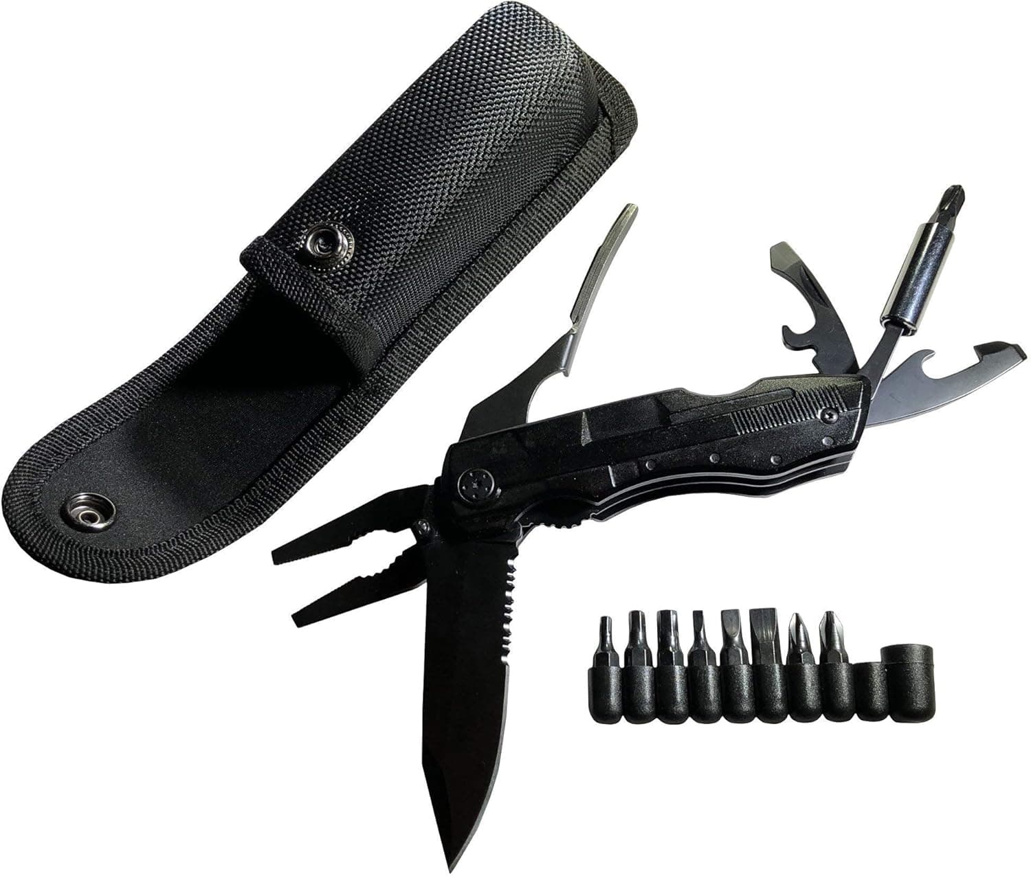 Hike-Tek 5 in 1 Black Oxide Stainless Multi Tool Knife with Pliers and 9 bit set