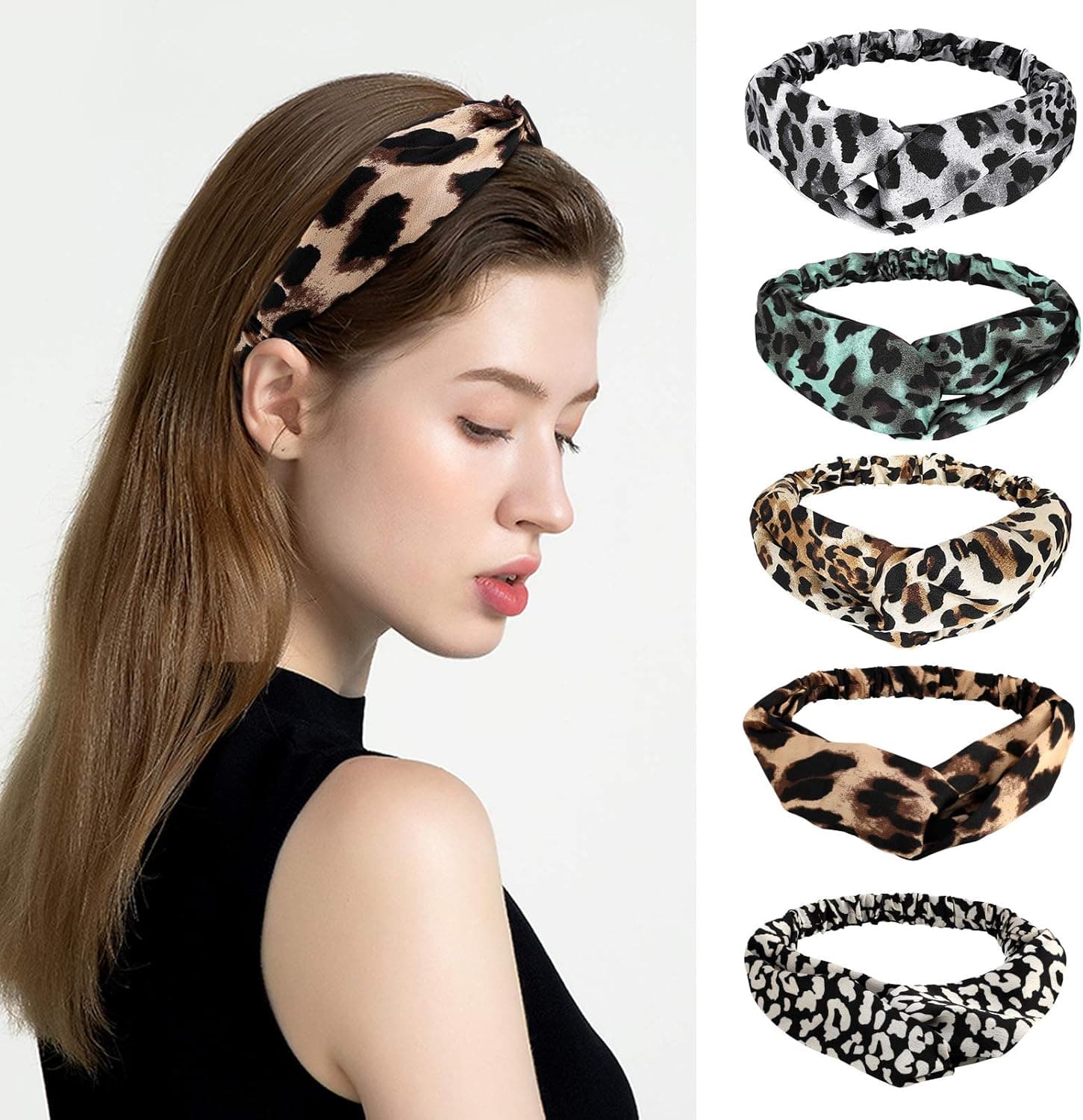 Emibele Women's Headbands 5 PACK Animal Printing Twisted Criss Cross Elastic Hair Bands Hair Accessories for Women Girls Large Headwraps Hair Bands Headwear for Workout, Sports, Running, Yoga, Leopard