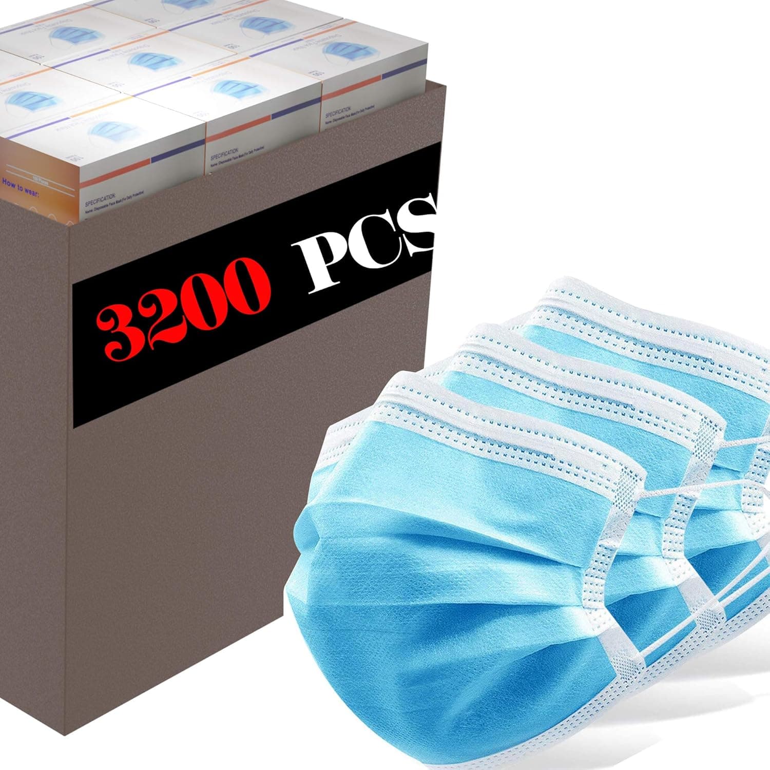 Sheal Wholesale Disposable 3-Layer Blue Masks 3200Pcs, Anti Dust Breathable Disposable Earloop Mouth Face Mask, Comfortable