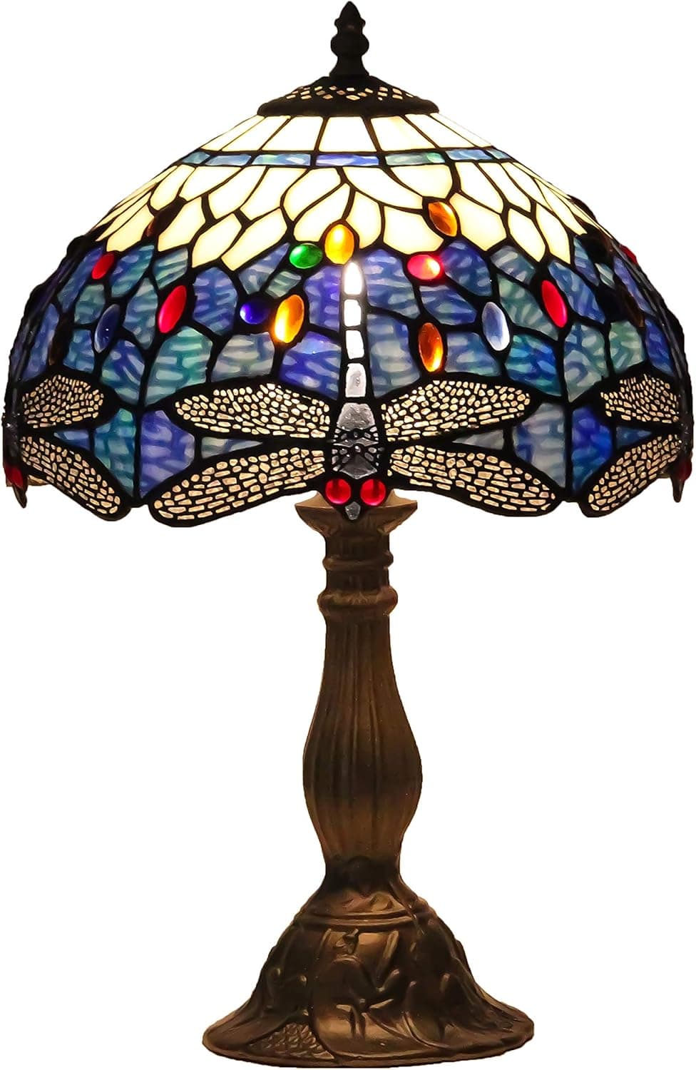 GlassMyth Lighting Tiffany Lamp W12H18 Inch Antique Blue Dragonfly Stained Glass Crystal Gem Table Lamp for Living Room Study Lamp Bedside Table Crafts Gifts for The Favorite
