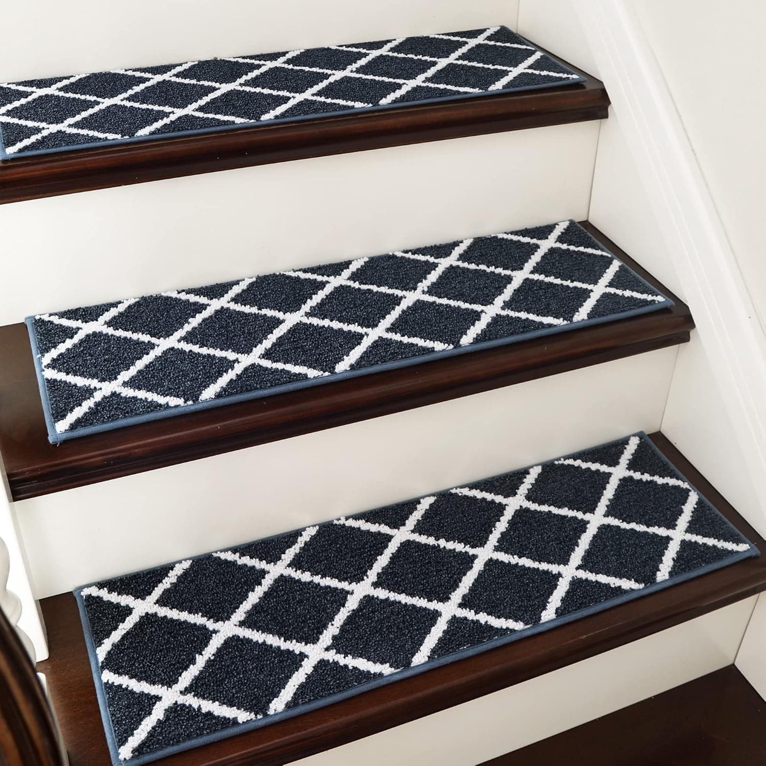 COSY HOMEER Edging Stair Treads Non-Slip Carpet Mat 28inX9in Indoor Stair Runners for Wooden Steps, Stair Rugs for Kids and Dogs, 100% Polyester TPE Backing 15pcs,Navy