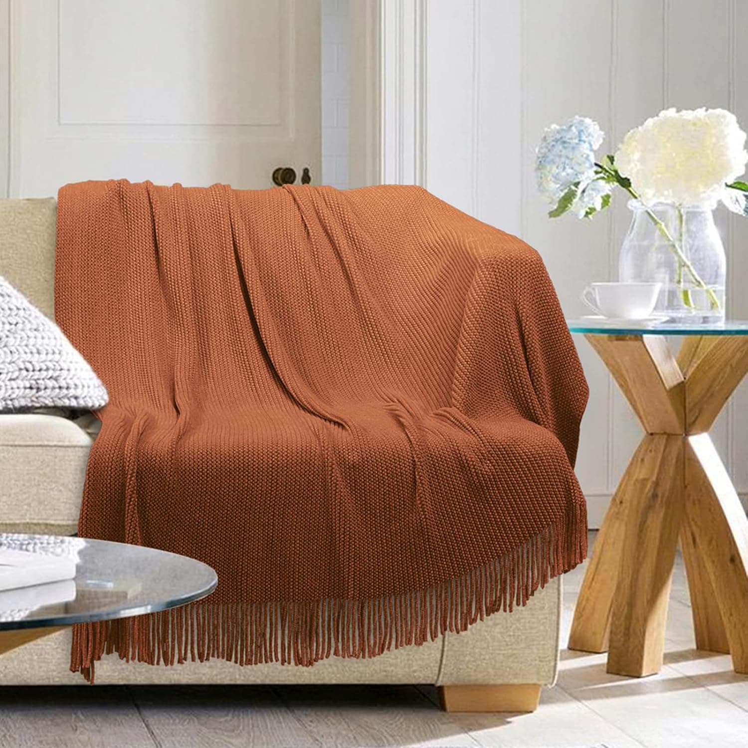 ANDSTAR Blanket Chenille Knit Woven Tassel Fringe Throw Blanket Velvet Texture Warm Cozy Plush Lightweight Blanket Throw for Sofa Couch Bed and Living Room Home Decor All Seasons(Orange, 50x60 Inch)